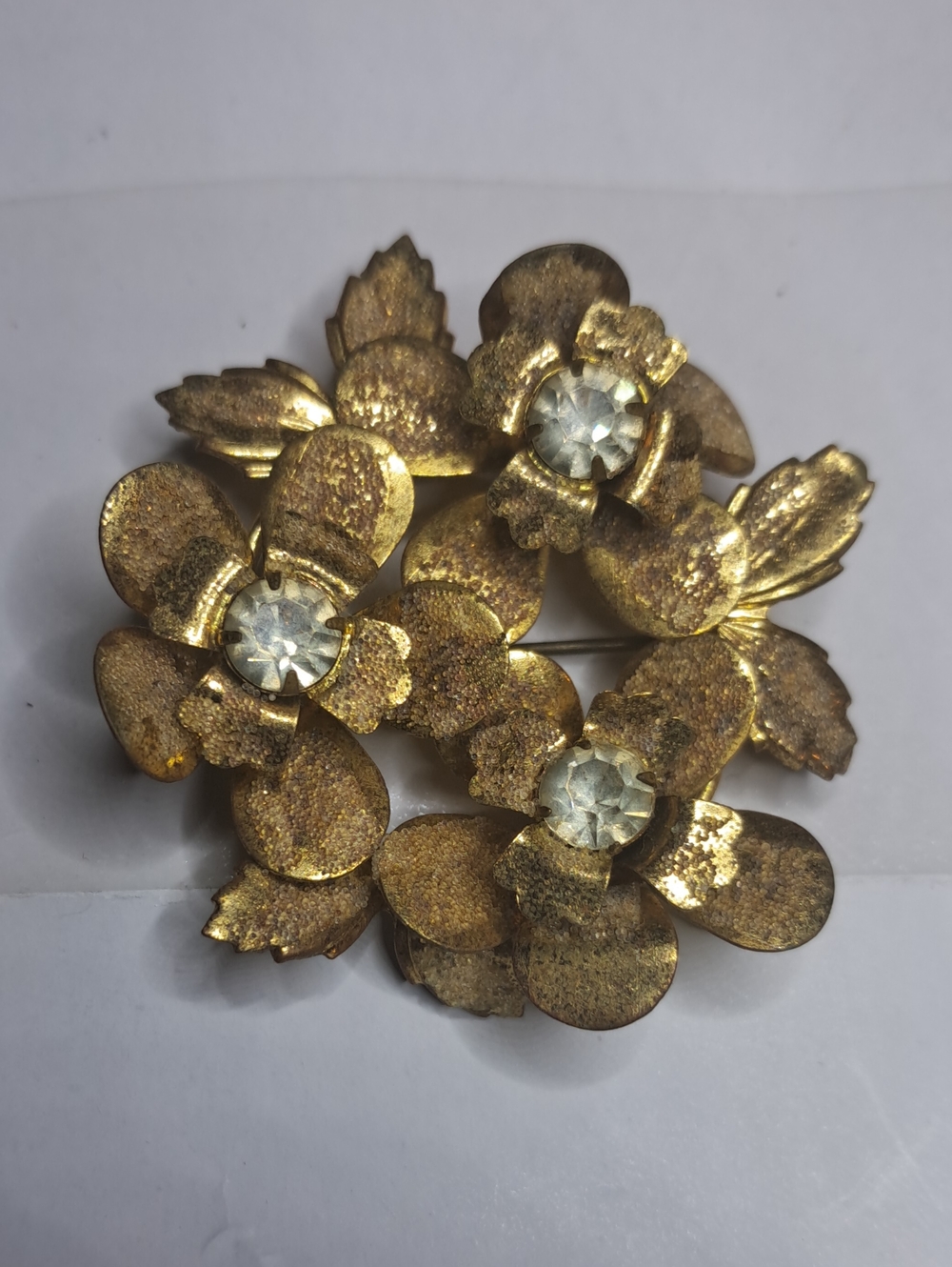 Vintage Mid Century Textured Gold Tone Floral Bouquet Brooch